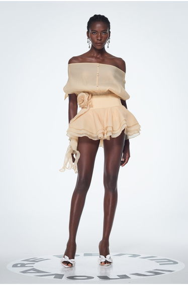 Baatar Backless Ruffle Flower Mini Dress In Apricot