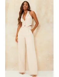 Stone Woven Pleat Detail Wide Leg Trousers