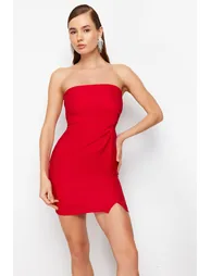 Red Fitted Woven Elegant Evening Dress - 1