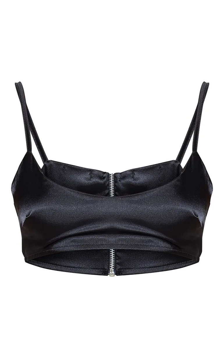 Black Satin Scoop Neck Cropped Top - 2