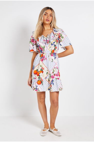 Collar Tie Detail Flutter Sleeve Mini Dress