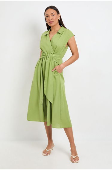 Linen Blend Midi Dress with Tie