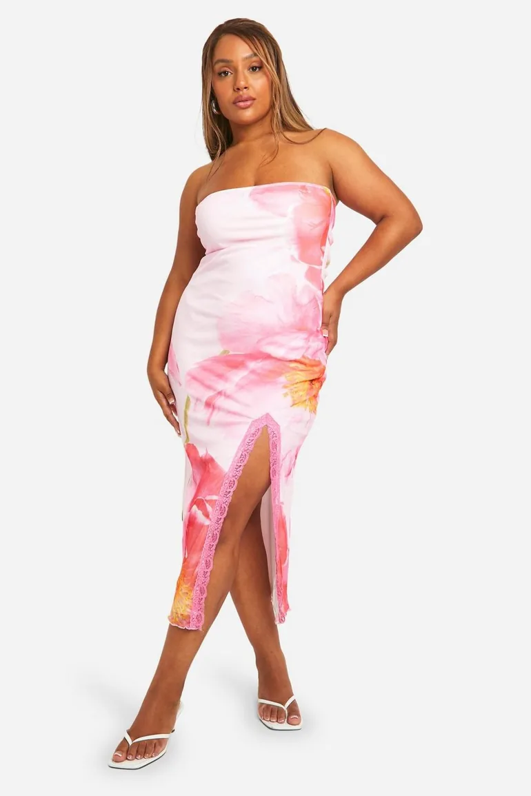 Plus Mesh Floral Print Lace Trim Split Midaxi Dress - 2