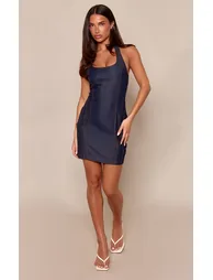 Navy Halter Neck Contrast Seam Detail Mini Dress