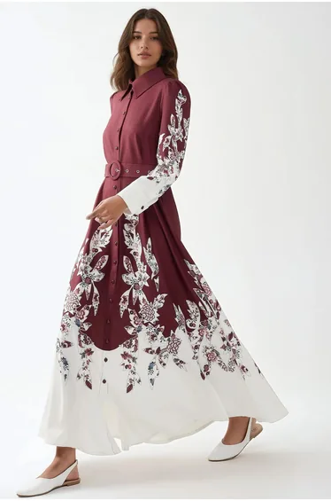 Printed Long Sleeve Maxi Dress with Belt