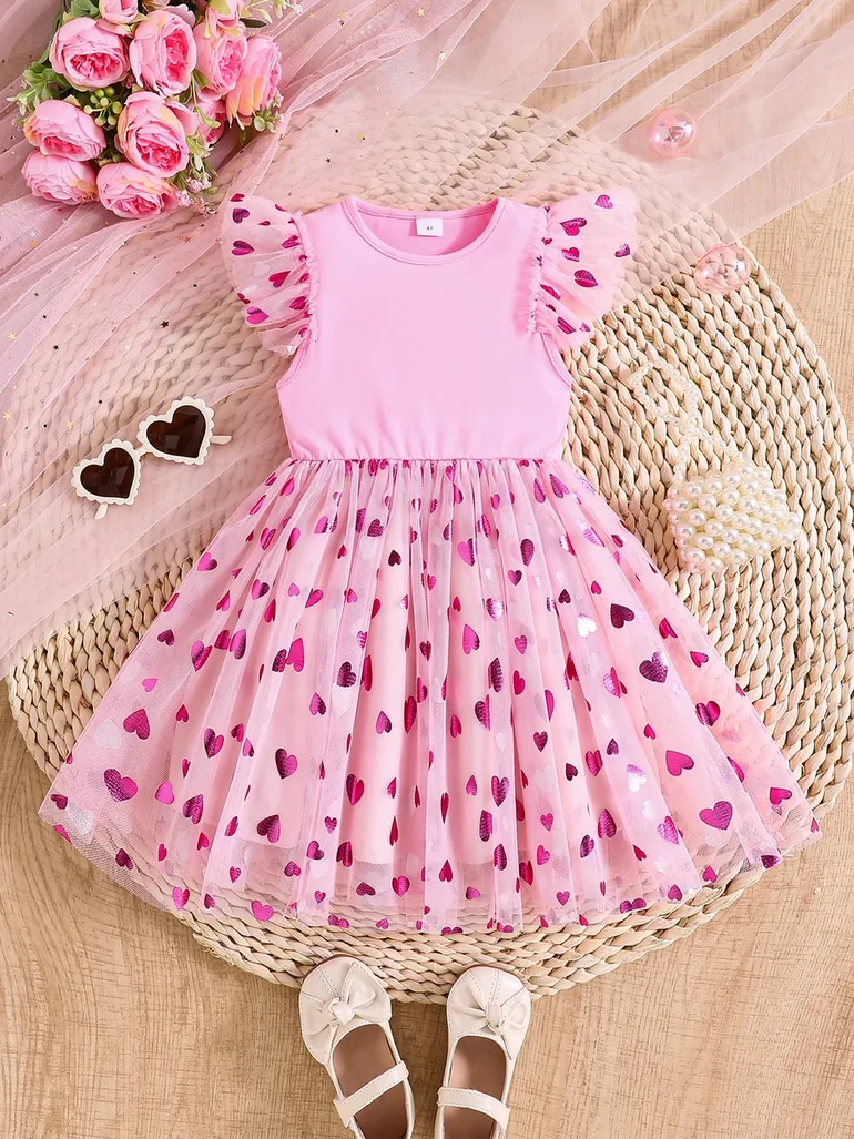 Girls Pink Mesh Tulle Ruffled Sleeve Dress