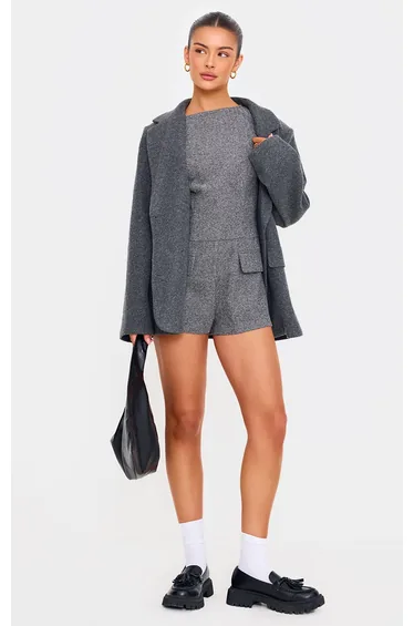 Grey Tweed Sleeveless Pocket Detail Playsuit