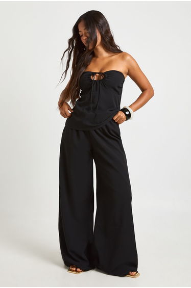 Linen Look Frayed Hem Beach Trousers - black