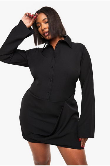 Plus Drape Front Shirt Dress - black