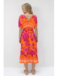 Women's Orange Fuchsia Front Back V-Neck Patterned Skirt Flounced Summer Woven Dress - 4