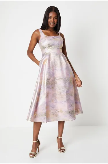 Square Neck Dress In Metallic Jacquard