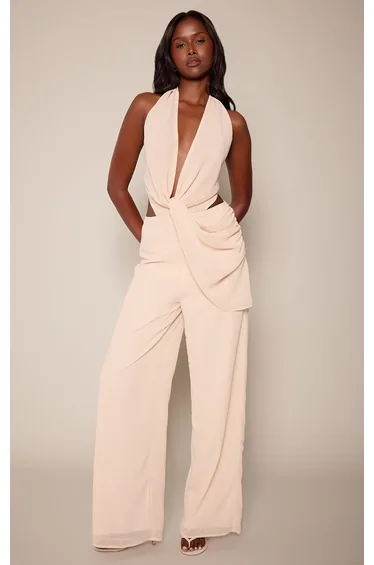 Cream Chiffon Plunge Drape Detail Jumpsuit