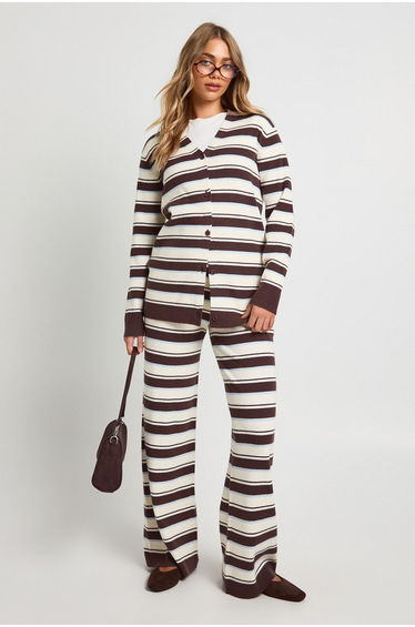 Super Soft Rib Knitted Boyfriend Cardigan and Wide Leg Trouser Co-Ord - ecru