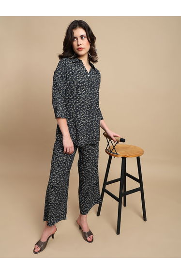 Black Ditsy Print Wide Leg Pants