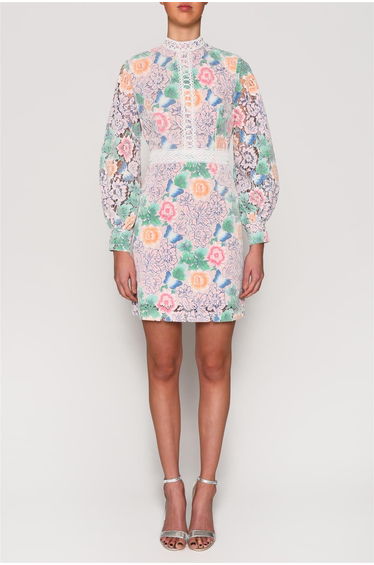 Pastel Floral Lace High Neck Mini-Dress