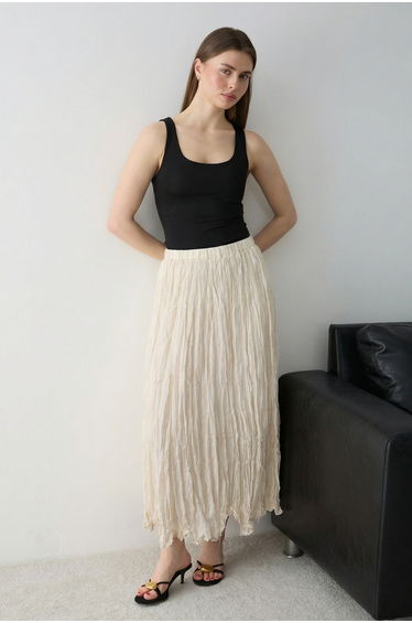 Stone Crinkle Lined Maxi Asymmetrical Skirt