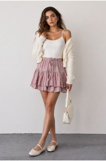 Pink Tiny Plaid Ruffle Mini Skirt