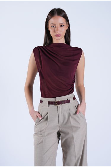 Women's Burgundy High Neck Shoulder Draped Transparent Blouse