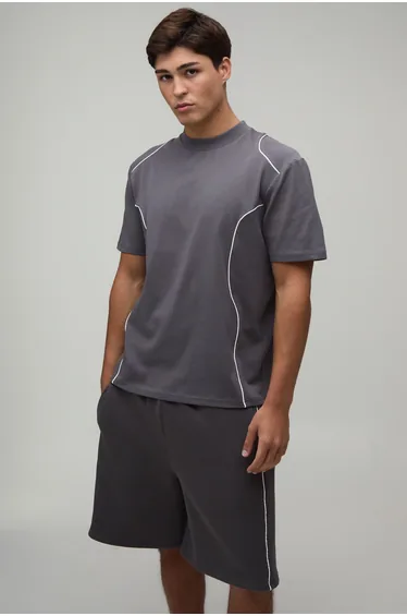 Contrast Piping Panelled Regular Fit T-Shirt & Baggy Short Set - charcoal