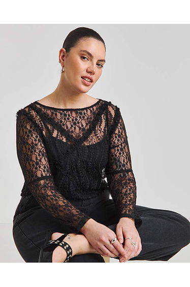 Lace & Mesh Ruffle Top