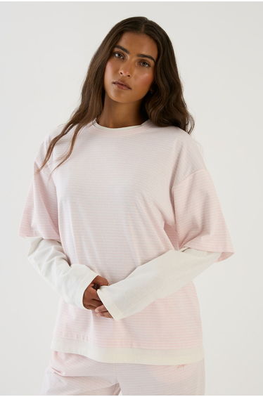DSGN Studio Textured Stripe Mock Layer Long Sleeve Top - pink