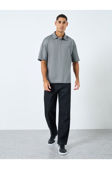 Men Grey Oversized Polo with Button