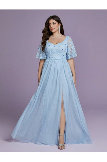 Leely Plus Women's Elegant Sweetheart Flounce Sleeve A-Line Party Dress