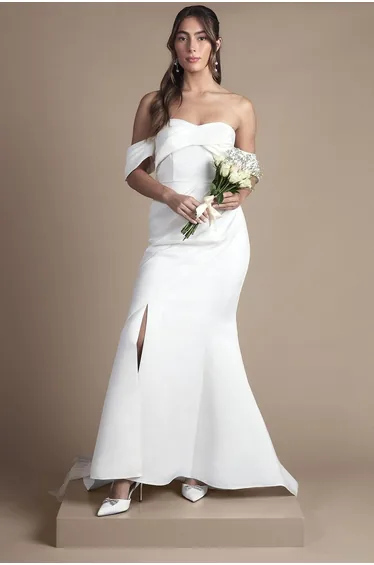 Bardot Twist Structured Satin Maxi Wedding Dress with Fishtail Train