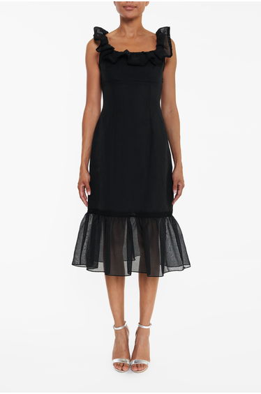 Alberta Black Linen Tiered Hem Midi-Dress