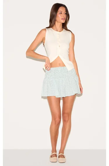 Sage Gingham Broderie Embroidered Shirred Waist Mini Skirt