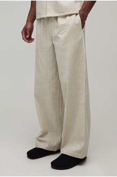 Baggy Fit Stripe Linen Blend Embroidered Pocket Trousers - natural