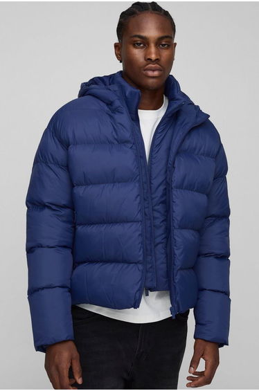 Oversized Boxy Faux Double Layer Hooded Puffer Jacket - navy