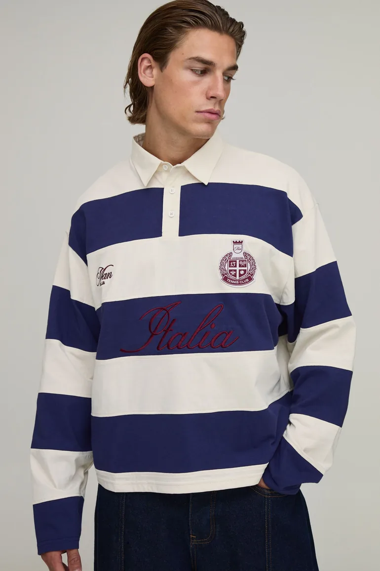 Oversized Boxy Long Sleeve Sleeve Italia Stripe Rugby Polo - navy