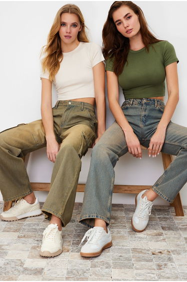 Premium Khaki-Light Stone 2-Pack Crop Viscose Stretch Knit Blouse