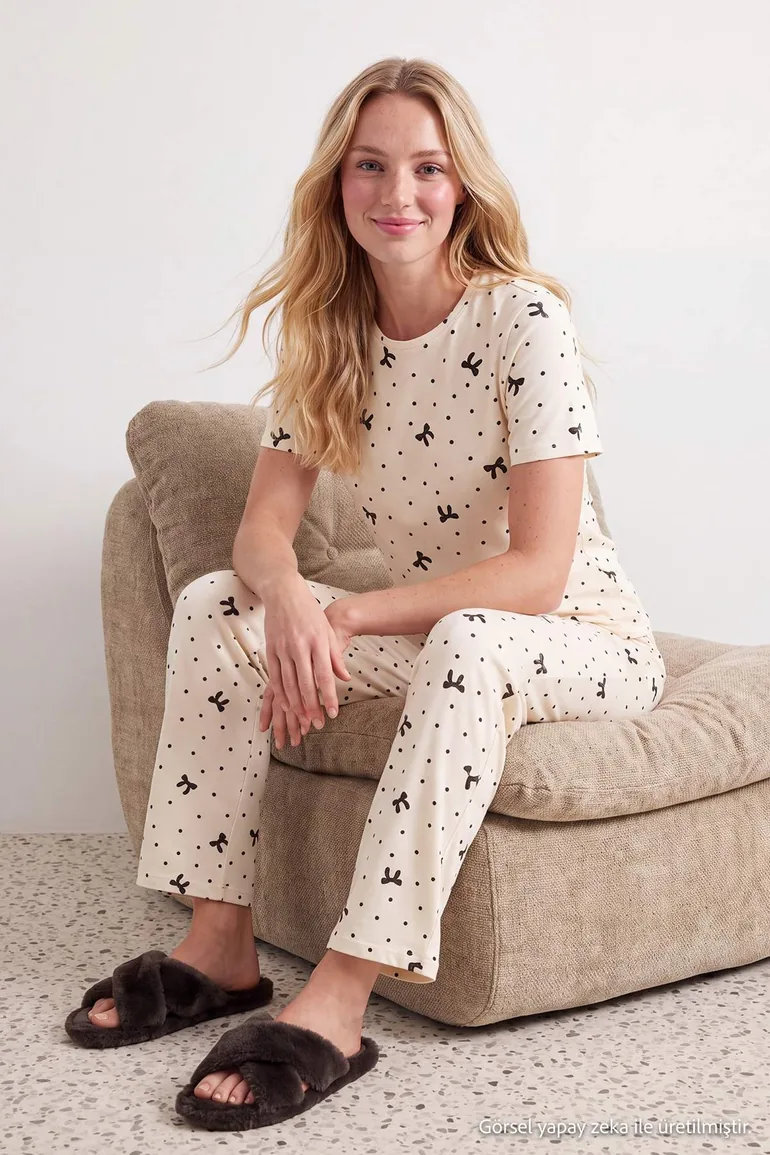 Ecru 100% Cotton Ribbon and Polka Dot Knitted Pajamas Set