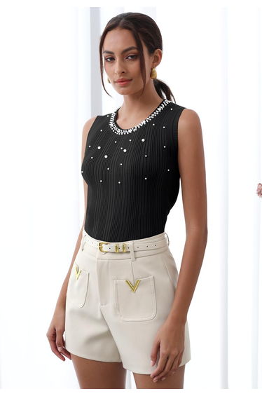 Pearl Trimmed Sleeveless Ribbed Crop Knit Top in Black