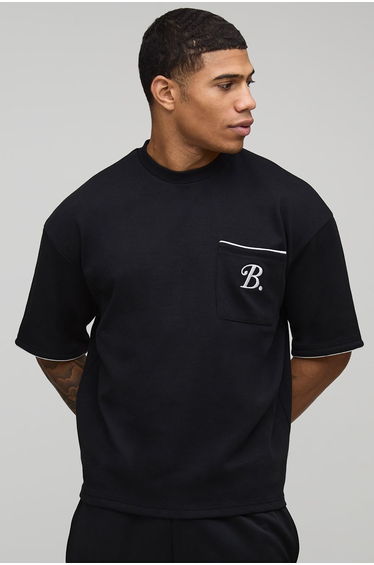 Oversized Boxy Interlock B Scroll Embroidered Piping T-Shirt - black