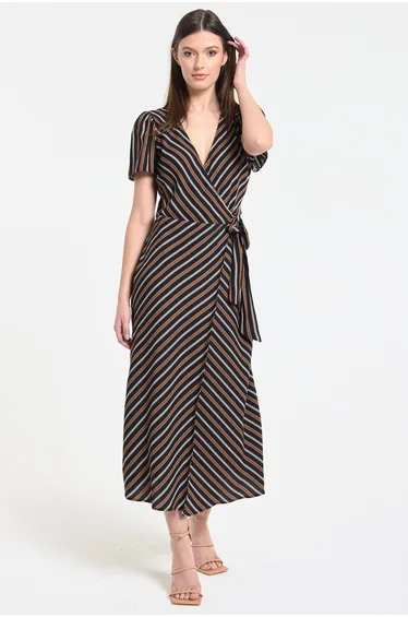 Striped Wrap Midi Dress with Tie