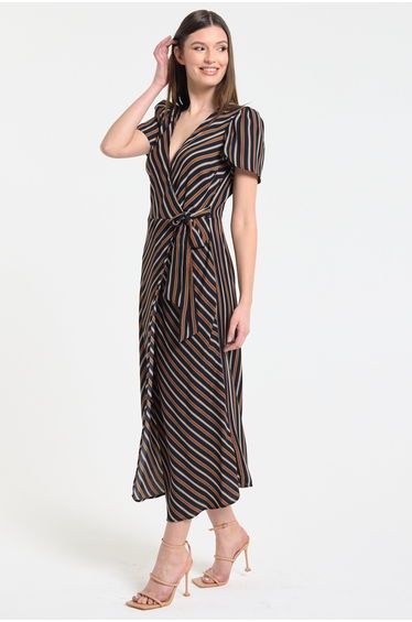 Striped Wrap Midi Dress with Tie
