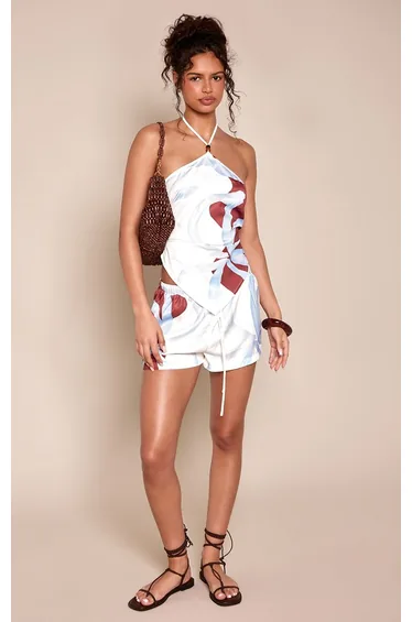 Multi Floral Placement Print Satin Shorts Co-ord