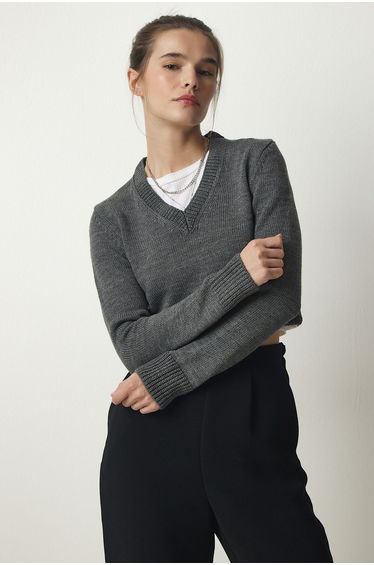 Women's Anthracite V-Neck Crop Knitwear Sweater
