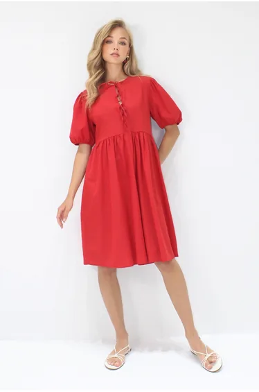 Women's Red Crew Neck Tie Detailed Watermelon Sleeve Bidi Length Poplin Dress