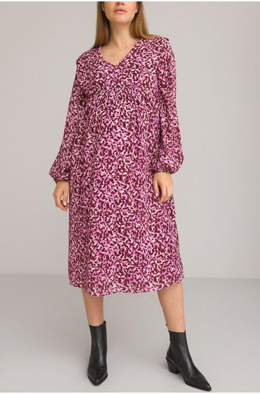 Recycled Maternity Midi Dress in Floral Print with V-Neck and Long Sleeves