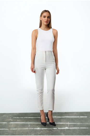 White Cigarette Pattern Darted High Waist Ankle Length Woven Trousers