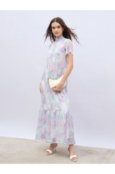 Printed High Neck Short Sleeve Maxi Dress