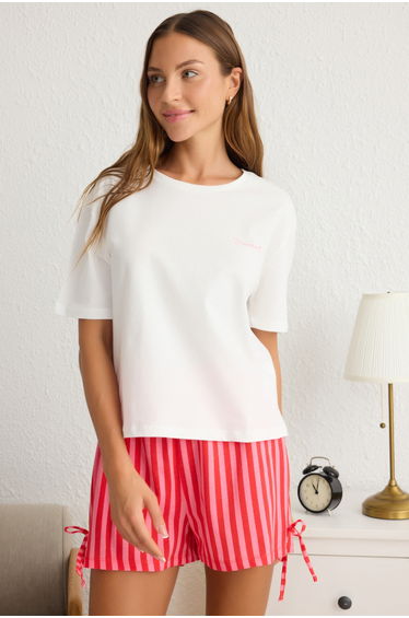 White-Pink Striped Tied Single Jersey Knitted Pajama Set
