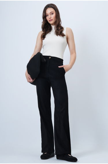 Women's Black Double Pocket Elastic Waist Faux Suede Palazzo Pants