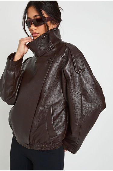 Faux Leather Funnel Neck Jacket - chocolate
