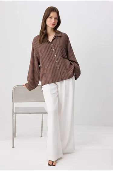 Brown Oversize Voile Striped Woven Top & Bottom Hijab Shirt