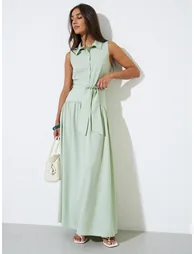 Green Solid Sleeveless Tie Top and Maxi Skirt Co-Ord Set